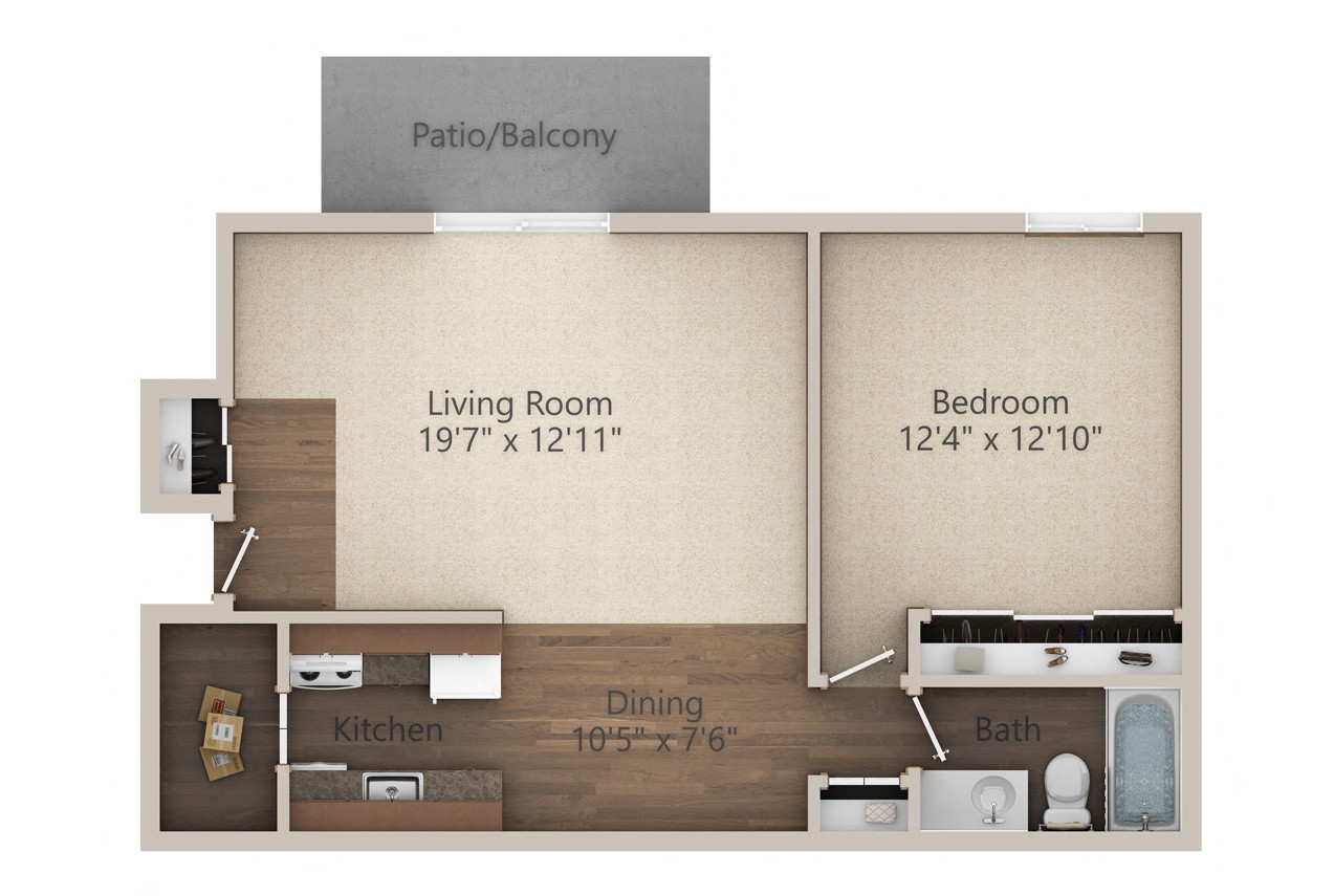 Floor plan for 1 bed, 1 bath, 677 sqft